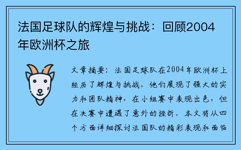 法国足球队的辉煌与挑战：回顾2004年欧洲杯之旅