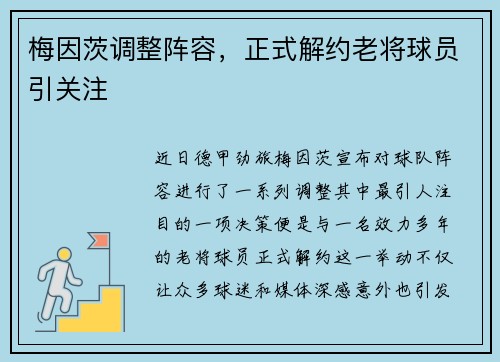 梅因茨调整阵容，正式解约老将球员引关注