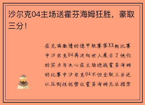 沙尔克04主场送霍芬海姆狂胜，豪取三分！